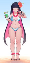 Rule 34 | 1girl, ankle scrunchie, aqua hair, bare arms, bare shoulders, barefoot, bead bracelet, beads, bendy straw, bikini, black hair, black nails, blunt bangs, blush stickers, bracelet, breasts, breasts apart, cheshirrr, collarbone, colored inner hair, commentary, cup, drinking glass, drinking straw, english commentary, feet, flower, food, front-tie bikini top, front-tie top, frown, fruit, full body, gluteal fold, groin, hair flower, hair ornament, hand up, highres, jewelry, legs, lemon, lemon slice, long hair, looking at viewer, medium breasts, mixed-language commentary, multicolored hair, nail polish, navel, panty &amp; stocking with garterbelt, pink hair, pink scrunchie, scrunchie, side-tie bikini bottom, solo, standing, stocking (psg), stomach, striped bikini, striped clothes, swimsuit, thigh gap, toenail polish, toenails, toes, two-tone hair, very long hair