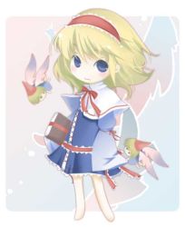 Rule 34 | 1girl, alice margatroid, blonde hair, blue dress, blue eyes, book, capelet, doll, dress, female focus, flying, frills, full body, grimoire, grimoire of alice, hairband, looking at viewer, munyumunyu, short hair, size difference, solo, standing, touhou, yuge sasatarou