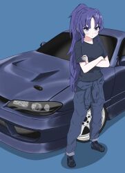 Rule 34 | 1girl, black shirt, blue archive, blue eyes, blue footwear, blue hair, blue jumpsuit, blush, boots, car, crossed arms, full body, highres, jumpsuit, jumpsuit around waist, long hair, looking at viewer, motor vehicle, nissan, nissan s15 silvia, nissan silvia, parted bangs, ponytail, shadow, shirt, solo, sports car, standing, takumi japans14, very long hair, yuuka (blue archive)