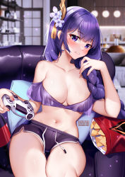 Rule 34 | 1girl, alternate costume, bag of chips, bare shoulders, blurry, blurry background, blush, breasts, chips (food), cleavage cutout, clothing cutout, collarbone, commentary, controller, crop top, english commentary, flower, food, game controller, genshin impact, hair flower, hair ornament, hand up, highres, holding, holding controller, holding game controller, indoors, large breasts, long hair, looking at viewer, midriff, mole, mole under eye, navel, off-shoulder shirt, off shoulder, parted lips, pillow, potato chips, purple eyes, purple flower, purple hair, purple shirt, purple shorts, raiden shogun, shirt, short shorts, short sleeves, shorts, sitting, solo, squchan, stomach, thighs