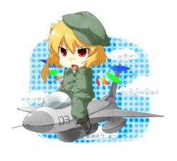 Rule 34 | 1girl, aircraft, airplane, bad id, bad pixiv id, blonde hair, chibi, eiri (eirri), fang, female focus, fighter jet, flandre scarlet, hat, jet, military, military vehicle, open mouth, red eyes, side ponytail, solo, touhou, vehicle focus, wings