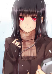 Rule 34 | 1girl, black hair, blazer, blunt bangs, blurry, cellphone, earbuds, earphones, female focus, foreshortening, hand on own chest, highres, hime cut, holding, jacket, long hair, looking at viewer, original, outstretched arm, phone, plaid, plaid scarf, red eyes, scarf, sidelocks, simple background, sleeves past wrists, smartphone, smile, snowing, solo, toufukin, upper body