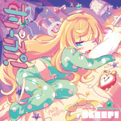 Rule 34 | 1girl, absurdres, alarm clock, album cover, album name, bad link, barefoot, blonde hair, blunt bangs, blush stickers, character name, clock, cover, drooling, dutch angle, green eyes, green pajamas, green pants, green shirt, head on pillow, highres, indie utaite, lamp, lampshade, long hair, long sleeves, looking at viewer, lying, mamimu (ma-mi-mu.me), messy hair, midriff, nanahira, navel, on bed, on side, one eye closed, open mouth, pajamas, pants, planet, polka dot, polka dot pajamas, shirt, sleepy, solo, stuffed animal, stuffed rabbit, stuffed toy, third-party source, very long hair, wavy hair, wavy mouth, window