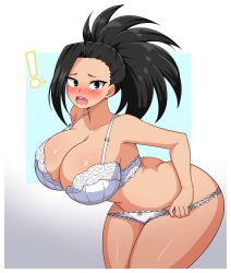 Rule 34 | !, 1girl, absurdres, ass, bare shoulders, black eyes, black hair, blush, boku no hero academia, breasts, butt crack, cleavage, collarbone, embarrassed, highres, huge ass, huge breasts, looking at viewer, open mouth, ponytail, simmsy, solo, thick thighs, thighs, underwear, underwear only, undressing, wide hips, yaoyorozu momo
