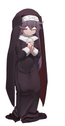 Rule 34 | 1girl, absurdres, aged down, black dress, black hair, black veil, blush, breasts, closed mouth, coif, commentary, crossed bangs, dress, full body, greentree, habit, hair between eyes, heart, heart-shaped pupils, highres, last origin, long hair, long sleeves, looking at viewer, nun, one eye closed, own hands clasped, own hands together, red eyes, simple background, sleeve cuffs, small breasts, smile, solo, symbol-shaped pupils, traditional nun, veil, veronica type-asc, white background