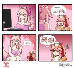 Rule 34 | 2girls, 4koma, animal ear fluff, animal ears, animal hands, artist logo, bell, bow, breasts, cat paws, chef, chef hat, cleavage, closed eyes, closed mouth, comic, commentary, copyright name, cup, english commentary, english text, facing another, fate/grand order, fate (series), food, fork, fox ears, fox girl, fox tail, glasses, gloves, hair between eyes, hair bow, hat, highres, holding, holding cup, holding fork, holding plate, imagining, jingle bell, keita naruzawa, keyboard (computer), koyanskaya (fate), large breasts, monitor, mug, multiple girls, neck bell, open mouth, pancake, pancake stack, paw gloves, pink bow, pink hair, pink shirt, pink tail, plate, red bow, shirt, shorts, side ponytail, sidelocks, sleeveless, sleeveless shirt, smile, speech bubble, square 4koma, tail, tamamo (fate), tearing up, thought bubble, white shorts, yellow eyes