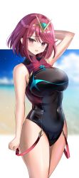 Rule 34 | 1girl, absurdres, arm up, bare shoulders, breasts, circlet, earrings, hanasaka houcha, highres, jewelry, medium breasts, navel, open mouth, outdoors, pyra (pro swimmer) (xenoblade), pyra (xenoblade), red eyes, red hair, skin tight, skindentation, sleeveless, solo, swimsuit, thighs, xenoblade chronicles (series), xenoblade chronicles 2