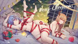 Rule 34 | 2girls, absurdres, barefoot, blonde hair, blue hair, blush, breasts, candy, candy cane, christmas lights, christmas ornaments, christmas present, christmas tree, closed mouth, copyright request, english text, fingernails, food, full moon, gift, hand up, heart, highres, horns, indoors, jiliang jiying yumao, large breasts, long hair, looking at viewer, lying, medium breasts, merry christmas, moon, multiple girls, naked ribbon, on side, on stomach, parted lips, pink eyes, red ribbon, ribbon, santa claus, simple background, smile, soles, the pose