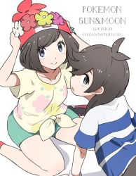 Rule 34 | 1boy, 1girl, beanie, black hair, cocoloco, creatures (company), dated, elio (pokemon), floral print, game freak, green shorts, hat, head wreath, nintendo, pokemon, pokemon sm, red hat, selene (pokemon), shirt, short hair, short sleeves, shorts, simple background, sitting, smile, striped clothes, striped shirt, tied shirt, white background, z-ring