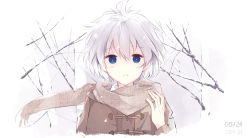 Rule 34 | 1girl, blue eyes, dated, highres, kosegawa shiromi, looking at viewer, saki (manga), scarf, senseofexistenc, short hair, solo, upper body, white hair, winter, winter clothes