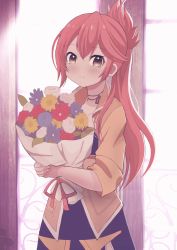 Rule 34 | 1girl, blush, bouquet, brown eyes, commission, eiyuu densetsu, flower, highres, holding, holding bouquet, indoors, jacket, jewelry, long hair, looking at viewer, mikoko1, necklace, pink hair, ponytail, sara valestein, sen no kiseki, skeb commission, smile, solo