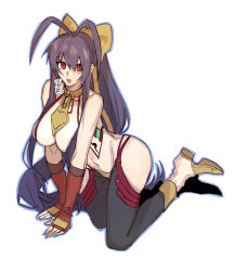 Rule 34 | 1girl, ahoge, all fours, bare shoulders, black legwear, blazblue, blue hair, boots, breasts, fingerless gloves, gloves, hair between eyes, large breasts, long hair, mai natsume, open mouth, ponytail, red eyes, ribbon, roas01b, sideboob, solo, thighs, yellow ribbon