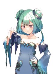 Rule 34 | 1girl, absurdres, bare shoulders, blue hair, closed mouth, commentary, detached collar, detached collar removed, detached sleeves, double bun, dress, earrings, frown, green hair, hair bun, hair ornament, hand on own hip, highres, holding, hololive, jewelry, long hair, multicolored hair, red eyes, simple background, skull hair ornament, solo, strapless, strapless dress, streaked hair, upper body, uruha rushia, uruha rushia (1st costume), v-shaped eyebrows, valefal coneri, virtual youtuber, white background