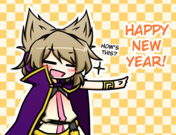 Rule 34 | 1girl, brown hair, cape, checkered background, dress, earmuffs, closed eyes, happy new year, hard-translated, kazeha (starrysky), new year, open mouth, short hair, skirt, smile, solo, third-party edit, touhou, toyosatomimi no miko, translated