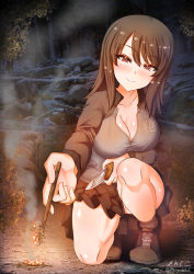 Rule 34 | 1girl, black skirt, blush, breasts, brown eyes, brown hair, cleavage, closed mouth, collarbone, fire, girls und panzer, highres, jacket, keizoku school uniform, knife, large breasts, looking at viewer, megadeko, mika (girls und panzer), miniskirt, no panties, outdoors, pleated skirt, school uniform, shiny skin, skirt, smile, solo, track jacket