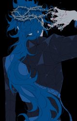 Rule 34 | 1boy, arm up, black background, blood, blood on hands, blue hair, commentary, crown of thorns, from behind, hair ornament, hand in own hair, highres, idia shroud, long hair, long sleeves, male focus, miamimzao, simple background, solo, thorns, twisted wonderland, very long hair