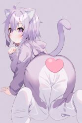 Rule 34 | 1girl, absurdres, ahoge, all fours, animal costume, animal ear fluff, animal ears, blush, breasts, cat ears, cat girl, cat tail, closed mouth, from behind, highres, hololive, long sleeves, looking at viewer, looking back, medium breasts, meito (maze), nekomata okayu, pajamas, purple background, purple eyes, purple pajamas, simple background, solo, tail, virtual youtuber