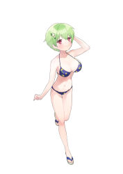 Rule 34 | 1girl, absurdres, alternate costume, arm at side, arm up, bare arms, bare shoulders, bikini, blue bikini, blush, breasts, cleavage, closed mouth, collarbone, curvy, flower, full body, gluteal fold, green hair, hair between eyes, hair flower, hair ornament, halterneck, highres, large breasts, lemon print, looking at viewer, may salamanya, navel, nomura miki, red eyes, sandals, short hair, simple background, smile, solo, standing, standing on one leg, stomach, summer pockets, swimsuit, thigh gap, white background, white flower