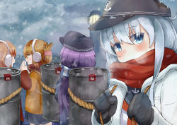 Rule 34 | 10s, 4girls, absurdres, akatsuki (kancolle), anchor symbol, black gloves, black hat, blue eyes, brown hair, drum (container), flat cap, folded ponytail, from behind, gloves, hat, hibiki (kancolle), highres, ikazuchi (kancolle), inazuma (kancolle), kantai collection, looking at viewer, multiple girls, okitsugu, purple hair, red scarf, rope, scarf, silver hair, winter clothes
