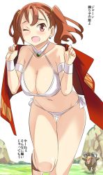 Rule 34 | 1girl, bare shoulders, breasts, brown eyes, brown hair, cleavage, commentary request, dancer&#039;s costume (dq), dragon quest, dragon quest viii, earrings, imaichi, jessica albert, jewelry, large breasts, medium hair, open mouth, smile, solo focus, swimsuit, twintails