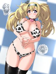 Rule 34 | 1girl, alternate costume, animal print, bikini, black thighhighs, blonde hair, blue background, blue eyes, blush, breasts, checkered background, chibi, chibi inset, cleavage, cow print, crossed bangs, curvy, embarrassed, gambier bay (kancolle), hair between eyes, hair ornament, hairband, half-closed eyes, head tilt, heart, heart-shaped lock, heart-shaped pupils, highleg, highleg bikini, highres, jini ya1, kantai collection, large breasts, legs together, long hair, looking at viewer, narrow waist, own hands together, parted bangs, print bikini, solo, split mouth, standing, steepled fingers, step and repeat, string bikini, swimsuit, symbol-shaped pupils, thigh gap, thighhighs, twintails, white background, wide hips
