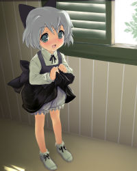 Rule 34 | 00s, 1girl, bloomers, blush, dress, green eyes, open mouth, ribbon, sanya v. litvyak, short hair, silver hair, socks, solo, strike witches, underwear, white bloomers, window, world witches series, aged down