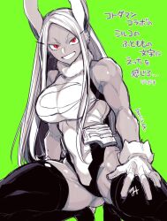 Rule 34 | 1girl, animal ears, bodysuit, boku no hero academia, breasts, dark-skinned female, dark skin, gloves, green background, greyscale, greyscale with colored background, highres, large breasts, long hair, looking at viewer, mirko, monochrome, rabbit ears, rabbit girl, red eyes, simple background, sleeveless, sleeveless bodysuit, solo, squatting, takatsuki ichi, thighs, translation request