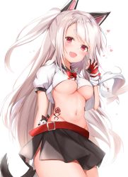 Rule 34 | 1girl, :d, animal ears, arm at side, azur lane, belt, black gloves, black skirt, blush, breasts, cat ears, cat tail, claw pose, cowboy shot, crop top, fang, fingerless gloves, gloves, half-closed eyes, hand up, heart, highres, long hair, looking at viewer, maosame, medium breasts, miniskirt, multicolored nails, nail polish, navel, no bra, open mouth, pleated skirt, puffy short sleeves, puffy sleeves, red eyes, red gloves, sailor collar, short sleeves, side slit, sidelocks, silver hair, simple background, skirt, smile, solo, swept bangs, tail, tattoo, thick eyebrows, thighs, two side up, underboob, very long hair, white background, yuudachi (azur lane)
