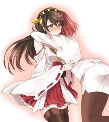 Rule 34 | 10s, 2girls, admiral minami kazusa, bare shoulders, blush, brown hair, detached sleeves, female admiral (kancolle), frilled skirt, frills, hair ornament, haruna (kancolle), hug, japanese clothes, kantai collection, lace, lace-trimmed legwear, lace trim, long hair, multiple girls, nagomi (mokatitk), nontraditional miko, pantyhose, pleated skirt, red hair, short hair, skirt, tears, thighhighs