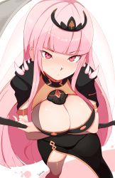 Rule 34 | 1girl, arms under breasts, breasts, cleavage, crossed arms, highres, hololive, hololive english, jellcaps, large breasts, leaning forward, long hair, looking at viewer, mori calliope, panties, pink eyes, pink hair, simple background, solo, thighhighs, underwear, very long hair, virtual youtuber, white background