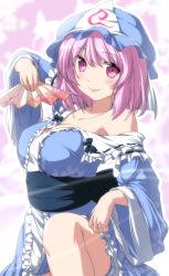 Rule 34 | 1girl, bare legs, bare shoulders, breasts, bug, butterfly, cleavage, collarbone, female focus, folding fan, hand fan, hat, insect, japanese clothes, kimono, large breasts, lips, nori tamago, obi, off shoulder, pink eyes, pink hair, ribbon, saigyouji yuyuko, sash, short hair, smile, solo, touhou, triangular headpiece, wide sleeves