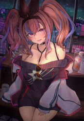 Rule 34 | 1girl, :d, absurdres, asaikeu, azur lane, bar (place), bare shoulders, between breasts, black choker, black hairband, black sweater, blush, bra strap, breasts, bremerton (azur lane), bremerton (day-off date) (azur lane), choker, cityscape, cleavage, collarbone, commentary, cowboy shot, dress, eyewear hang, unworn eyewear, grey hair, hair between eyes, hair ornament, hairband, head tilt, highres, indoors, jacket, large breasts, long hair, long sleeves, looking at viewer, mole, mole on breast, mole under eye, multicolored hair, night, off-shoulder dress, off-shoulder sweater, off shoulder, official alternate costume, open mouth, pink eyes, pink hair, sidelocks, sitting, sitting on bar, sleeves past wrists, smile, solo, star (symbol), star print, strap between breasts, streaked hair, sweater, sweater dress, teeth, tinted eyewear, twintails, two-tone hair, upper teeth only, white jacket