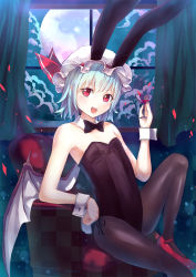 Rule 34 | 1girl, alternate costume, animal ears, bare shoulders, bat wings, black pantyhose, blush, bow, bowtie, culter, curtains, detached collar, flat chest, full moon, hat, highres, leotard, looking at viewer, moon, open mouth, pantyhose, playboy bunny, pointy ears, rabbit ears, rabbit tail, red eyes, remilia scarlet, short hair, silver hair, smile, solo, tail, touhou, window, wings, wrist cuffs