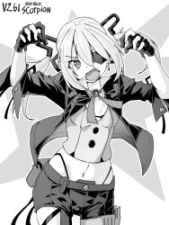Rule 34 | 1girl, absurdres, blue eyes, breasts, character name, cowboy shot, earrings, eyepatch, fang, girls&#039; frontline, gloves, greyscale, hair between eyes, hands up, highres, jacket, jewelry, long hair, midriff, minami shin (zenshuu bougyo), monochrome, navel, open clothes, open jacket, open mouth, partially fingerless gloves, shorts, simple background, skorpion (girls&#039; frontline), small breasts, solo, spot color, twintails
