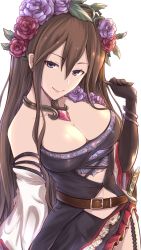 Rule 34 | 1girl, bare shoulders, belt, blue eyes, blush, breasts, brown hair, cleavage, flower, gloves, granblue fantasy, hair between eyes, hair flower, hair ornament, hand up, head tilt, highres, jewelry, koumei (twinameless), large breasts, long hair, looking at viewer, necklace, purple eyes, rose, rosetta (granblue fantasy), sheath, sheathed, simple background, skirt, smile, solo, sword, very long hair, weapon, white background