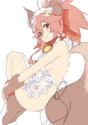 Rule 34 | 1girl, animal ear fluff, animal ears, animal hands, apron, bell, breasts, cat hair ornament, cat paws, collar, fate/grand order, fate (series), fetal position, fox ears, fox tail, gloves, hair ornament, jingle bell, kanzarin, large breasts, looking at viewer, maid headdress, naked apron, neck bell, paw gloves, paw shoes, pink hair, shoes, smile, tail, tamamo (fate), tamamo cat (fate), tamamo cat (third ascension) (fate)