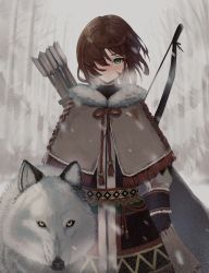 Rule 34 | 1girl, arrow (projectile), blush, bow (weapon), brown hair, fog, gloves, green eyes, hair over one eye, haruwo, highres, looking at viewer, original, parted lips, short hair, snow, snowing, solo, standing, tree, weapon, winter clothes, wolf