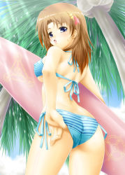 Rule 34 | 00s, 1girl, adjusting clothes, adjusting swimsuit, ass, ayato, bad id, bad pixiv id, bikini, blue eyes, breasts, brown hair, covered erect nipples, day, from behind, from below, highres, large breasts, looking back, lyrical nanoha, mahou senki lyrical nanoha force, mahou shoujo lyrical nanoha, mahou shoujo lyrical nanoha strikers, palm tree, short hair, solo, striped bikini, striped clothes, surfboard, swimsuit, tree, underboob, yagami hayate