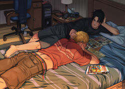 Rule 34 | 2boys, alternate costume, bara, bedroom, black hair, blonde hair, blush, couple, cris art, feet out of frame, hulkling, lying, magazine (object), male focus, marvel, midriff peek, multiple boys, on stomach, playing with another&#039;s hair, red shirt, shirt, short hair, shorts, wiccan, yaoi