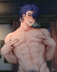 Rule 34 | 1boy, abs, artist name, asa ifrit (asaifrit), bara, blue hair, blush, completely nude, earrings, green eyes, highres, honkai: star rail, honkai (series), jewelry, large pectorals, looking at viewer, male focus, male pubic hair, muscular, muscular male, navel, nipples, nude, pectorals, pubic hair, sampo koski, short hair, solo, tongue, tongue out, twitter username, upper body
