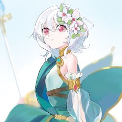 Rule 34 | 1girl, antenna hair, commentary request, detached sleeves, dress, elf, expressionless, flower, gradient background, green dress, hair between eyes, hair flower, hair ornament, highres, holding, holding staff, kaede (shijie heping), kokkoro (princess connect!), parted lips, pink eyes, pointy ears, princess connect!, see-through, see-through sleeves, short hair, silver hair, single bare shoulder, sketch, sleeveless, sleeveless dress, solo, staff, upper body, white flower