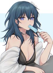 Rule 34 | 1girl, absurdres, banned artist, bare shoulders, blue eyes, blue hair, breasts, byleth (female) (fire emblem), byleth (fire emblem), cleavage, commentary, fire emblem, fire emblem: three houses, food, food in mouth, hair between eyes, hand up, highres, holding, holding food, long hair, looking at viewer, medium breasts, nintendo, off shoulder, popsicle, shimizu akina, solo, upper body