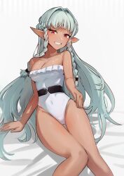 Rule 34 | 1girl, aqua hair, bare arms, bare shoulders, braid, breasts, cleavage, commentary request, covered navel, dark-skinned female, dark elf, dark skin, elf, hair intakes, highres, leotard, long hair, medium breasts, pointy ears, red eyes, rosalinde (unicorn overlord), side braids, simple background, smile, solo, solokitsune, strapless, strapless leotard, thigh gap, thighs, unicorn overlord, very long hair, white background, white leotard