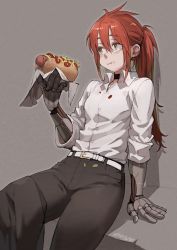 Rule 34 | 1girl, collared shirt, commentary, commission, cyborg, eating, food, food on clothes, hair between eyes, highres, holding, holding food, hot dog, jun (navigavi), ketchup, long hair, mechanical arms, mustard, napkin, original, ponytail, red hair, shirt, simple background, sitting, skeb commission, sleeves rolled up, solo, stained clothes, symbol-only commentary