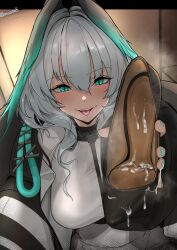 Rule 34 | 1girl, absurdres, aqua hair, arknights, black footwear, black jacket, blush, breasts, commission, cum, cum on clothes, dress, eyelashes, grey dress, grey hair, grey jacket, hand up, highres, ho&#039;olheyak (arknights), holding, holding shoes, impossible clothes, jacket, large breasts, long hair, long sleeves, looking at viewer, namukot, open clothes, open jacket, pixiv commission, shoes, sidelocks, smell, solo, tongue, tongue out, wide sleeves