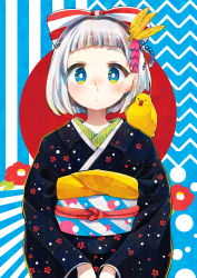 Rule 34 | 1girl, absurdres, animal, animal on shoulder, aqua eyes, bird, black kimono, blue background, blunt bangs, bob cut, bow, chick, commentary request, dots, feather hair ornament, feathers, flower, hair bow, hair ornament, heart, heart hair ornament, highres, japanese clothes, kimono, long sleeves, looking at viewer, looking past viewer, multicolored sash, nengajou, new year, original, rainys bill, red bow, red sun, sash, short hair, silver hair, solo, striped, striped background, striped bow, striped sash, two-tone background, two-tone bow, v arms, white background, white bow, yellow feathers