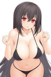 Rule 34 | 1girl, asamura hiori, bikini, black bikini, black hair, breasts, cleavage, clenched hands, closed mouth, collarbone, commentary request, hair ornament, highres, large breasts, long hair, looking at viewer, navel, original, red eyes, sidelocks, simple background, skindentation, smile, standing, swimsuit, very long hair, white background