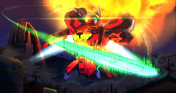 Rule 34 | building, cb-01 ace, epic, explosion, fangs, glowing, glowing eyes, highres, horns, house, mecha, midorinocha, night, no humans, power lines, robot, single horn, solo, star (sky), super sentai, sword, tokumei sentai go-busters, weapon