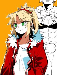 Rule 34 | 1boy, 1girl, abs, blonde hair, bow, character request, closed mouth, fate/apocrypha, fate/grand order, fate (series), green eyes, hair ornament, hair scrunchie, highres, jacket, mordred (fate), mordred (fate/apocrypha), mordred (memories at trifas) (fate), open clothes, open jacket, orange background, ponytail, red jacket, red scrunchie, scrunchie, shirt, simple background, solo focus, uotsu (sabakou), white shirt