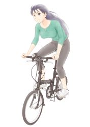 Rule 34 | 1girl, azumanga daiou, bicycle, blouse, breasts, casual, female focus, folding bicycle, full body, green shirt, highres, jf, sakaki (azumanga daioh), shirt, simple background, solo, white background